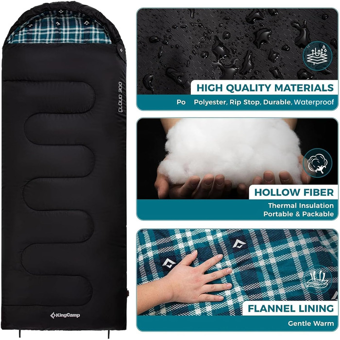 Сплячий мішок KingCamp для дорослих, зимовий | Фланелевий, для холодної погоди, 3-4 сезон, великий, легкий, водостійкий, для кемпінгу, трекінгу (Чорний, 2.2 кг, ліва блискавка)