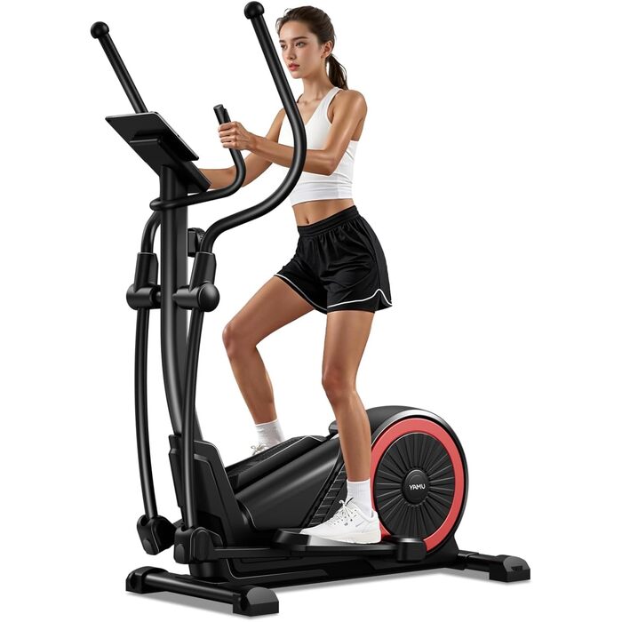 Еліптичний тренажер CURSOR для дому з 16 рівнями опору, тихий магнітний еліпс, довжина кроку 40 см, датчики пульсу, LCD-дисплей, вантажопідйомність 159 кг (Червоний-70)