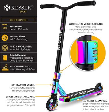 Трюковий самокат KESSER X-Limit-Pro з 360° кермом, підніжкою, підшипниками ABEC 9, 110 мм PU колесами для дітей і дорослих