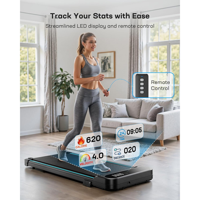 Бігова доріжка HUANUO Walking Pad для дому та офісу з нахилом 5%, вантажопідйомністю 150 кг, 2.5 к.с., з пультом та LED-дисплеєм, чорна