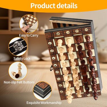 Магнітна шахова дошка 3-в-1 з дерева, 29 x 29 см. Шахи для дітей, для подорожей та сімейних ігор