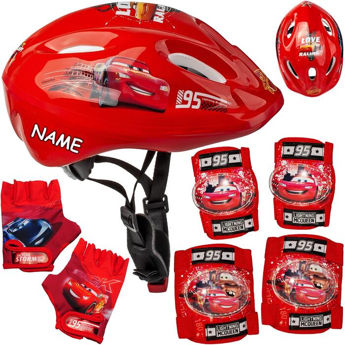 Дитячий захисний набір Cars Lightning McQueen (шолом, рукавички, наколінники, налокітники) Розмір 5 з ім'ям
