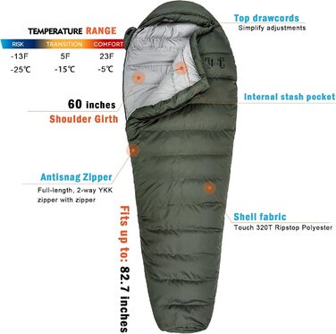 Спальний мішок AKmax Winter для дорослих та військових, оливковий, для 4 сезонів, пуховий, екстремальна температура -13°C