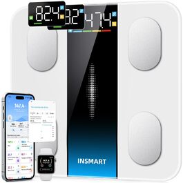 Ваги підлогові InSmart інтелектуальні з Bluetooth, аналізатор складу тіла (16 параметрів), BMI, відсоток жиру, синхронізація з додатком, білі, до 180 кг