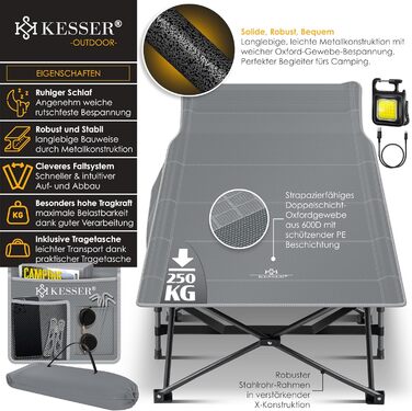 Кемпінг ліжко KESSER®: складане, стабільне, для відпочинку на природі, 210 см, сірий колір, з сумкою та ліхтарем