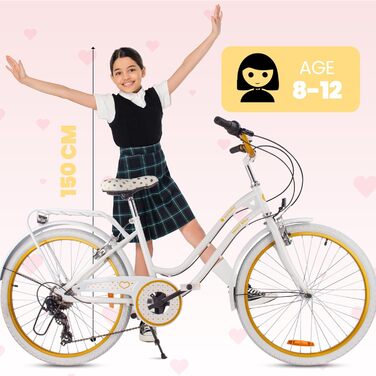 Дівчача дитяча велосипед Sun Baby 20 дюймів, серце, 6 швидкостей Shimano, для дівчаток 6-10 років, білий/золотий