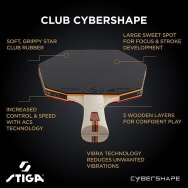 Стіга Клуб Сайбершейп - пінг-понгова ракетка для початківців, 5-шарове дерево, накладка Star Club, велика зона удару, найкраще технічне навчання з самого початку