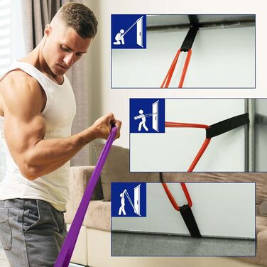 Набір еластичних стрічок для фітнесу Widerstandsbänder: 4 рівні, для силових тренувань, йоги, пілатесу, кросфіту, з кріпленням для дверей та сумкою для зберігання. Червоні, сині, фіолетові, зелені.