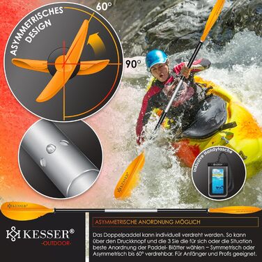 Весло KESSER® Paddle Doppelpaddel з 4 частин для каяка, SUP, стенд-ап паділбордингу, 228 см, алюміній. Підходить для надувного човна, весло для стенд-ап паділбордингу. В комплекті: страховий шнур, чохол для телефону, надувне весло Orange