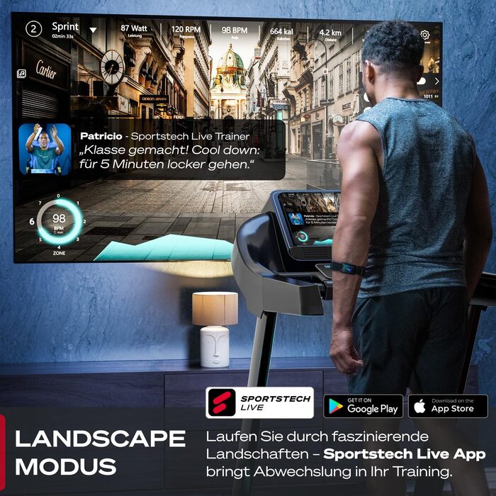 Біговий тренажер Sportstech F37s: складаний, до 20 км/год, 7PS, з нахилом, 150 кг, для дому, з підключенням до APP, сертифікований TÜV