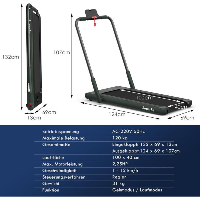 Бігова доріжка COSTWAY 2 в 1, складана, 2,25 к.с., під столом, APP, Bluetooth, пульт, 1-12 км/год, для дому, зелена