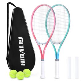 Набір тенісних ракет HIRALIY для дорослих, 68.6 см, 2 ракетки з натягнутою сіткою, 2 овергрипи, 3 м'ячі та сумка, для початківців, рожевий/зелений