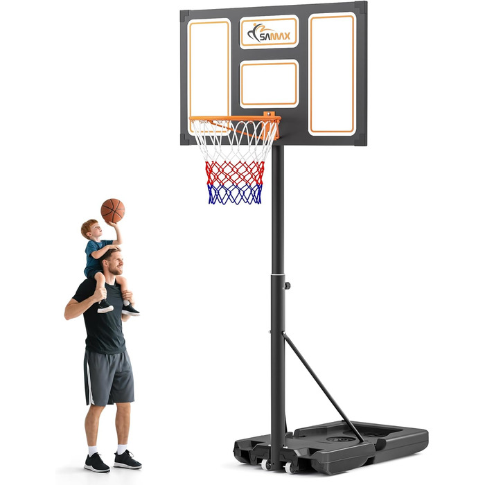 Баскетбольний кошик SAMAX на стійці, регульована висота 100-305 см, з колесами, сітка в комплекті. Підходить для гри в саду, на спортивному майданчику та полі, для дорослих та дітей.