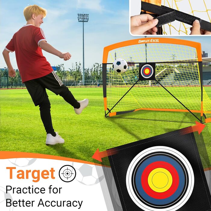 Ворота для футболу Dimples Excel Pop-Up – розкладні для дітей | 1 або 2 шт. у розмірах 120x90 / 152x110 / 213x152 см | 3 кольори на вибір | Опційно з м'ячем, насосом, фігурками та мішенню | Для саду та як подарунок (2-152x110 Оранжевий+Аксесуари)