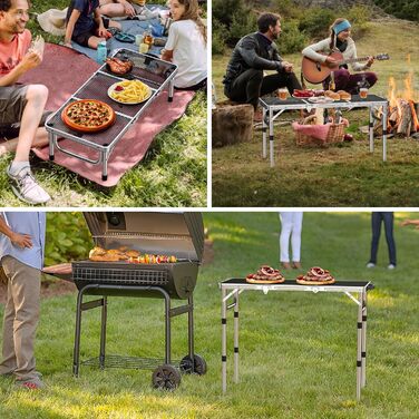 Стіл для кемпінгу Anbte Grilltisch 58x40 см, алюмінієвий каркас, регульована висота (26/48/70 см), складаний, для пікніка, BBQ, саду, балкону (срібний)