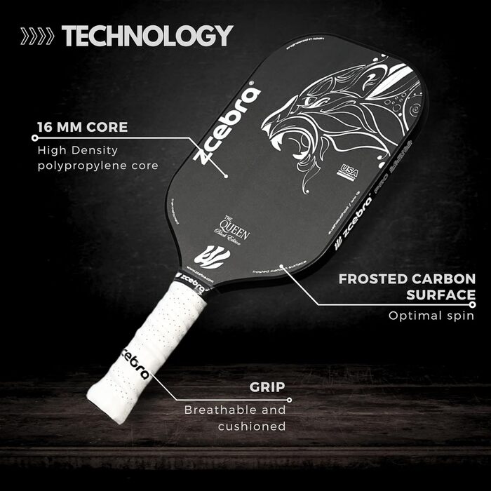 Zcebra Pickleball The Queen — падельна ракетка з чистого карбону T700, 16 мм, термоформована, сертифікована для Pickleball у США, чорна