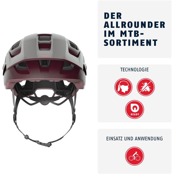 Велосипедний шолом ABUS MoDrop для MTB, надійний, з вентиляцією, універсальний, розмір L (57-61 см), темно-червоний (wildberry red)