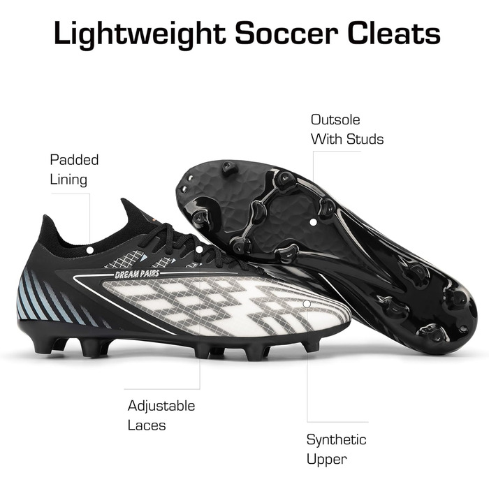Футбольні бутси DREAM PAIRS для чоловіків, професійні, зі штирями, для гри на траві, чорно-білі, 39 EU