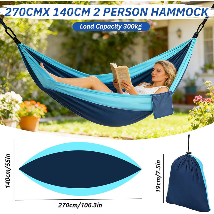 Гамак дорожній складаний Camping 270x140 см для відпочинку на природі, балконі, терасі (синьо-блакитний)
