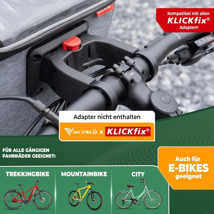Велосипедна сумка на кермо MIVELO для KLICKfix, водовідштовхувальна, містка, з відділенням для телефону, підходить для електровелосипедів, сіра