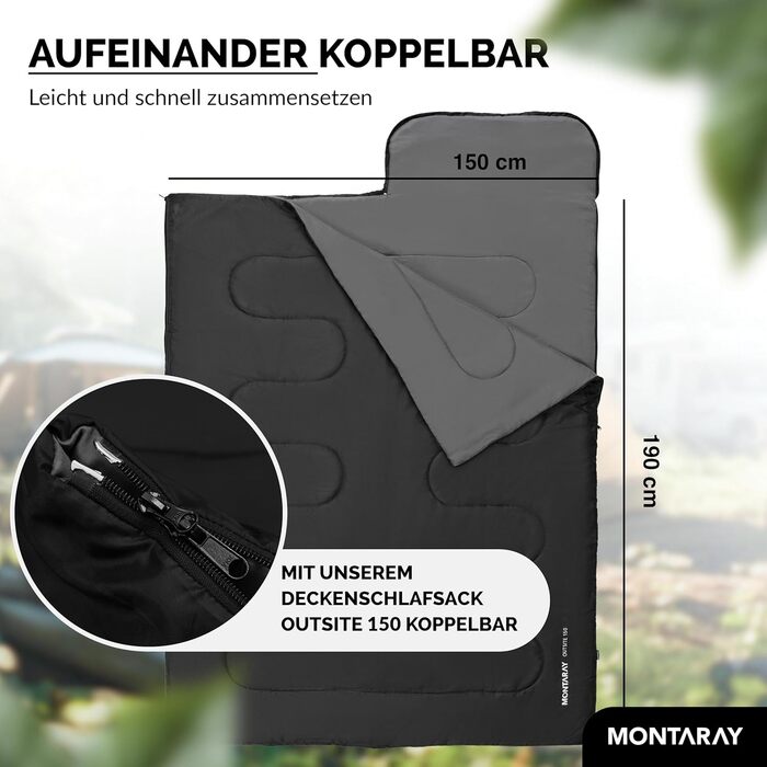 Спальний мішок для кемпінгу з капюшоном до -3°C з подушкою - теплий зимовий та літній спальник 3-4 сезони (75 x 220 см) - туристичний спальник для жінок та чоловіків (чорний, 280GSM)