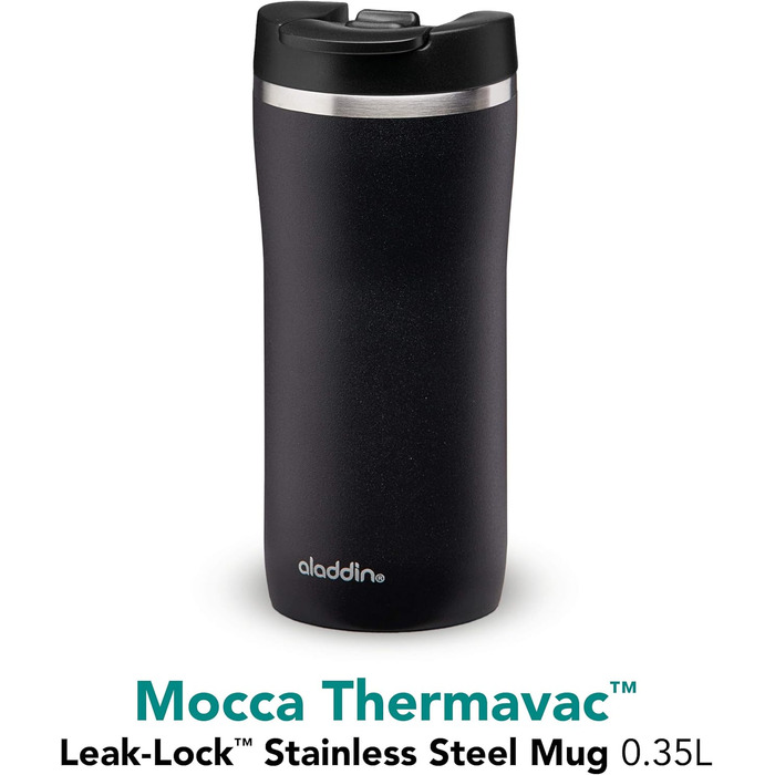 Термокружка Aladdin Barista Mocca Thermavac 0.35 л, нержавіюча сталь, чорна, ізоляційна, герметична, для кави, BPA-free, для подорожей, збереження тепла 3 години, можна мити в посудомийній машині