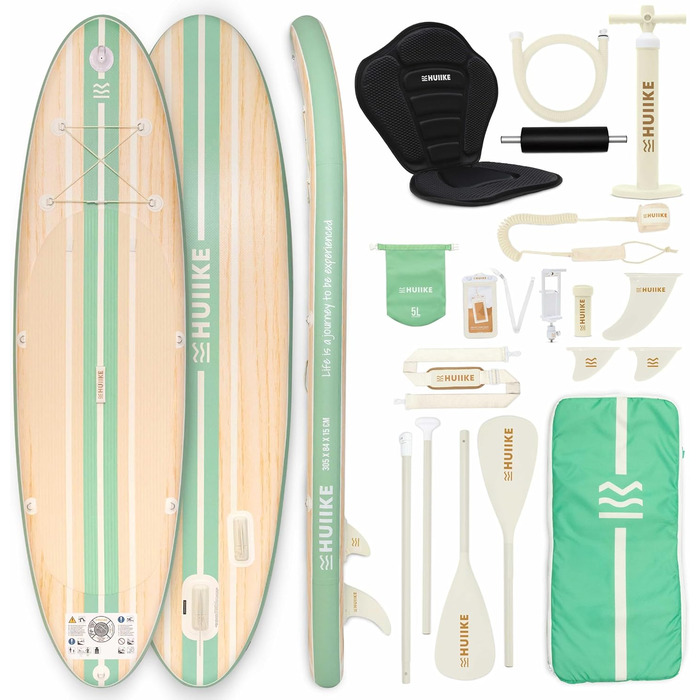 Надувний SUP-борд HUIIKE Stand Up Paddle Board з аксесуарами: весло, фіни, насос. Стабільний та міцний, 305 × 84 × 15 см, до 130 кг (Paulownia Mint - Full Pack)