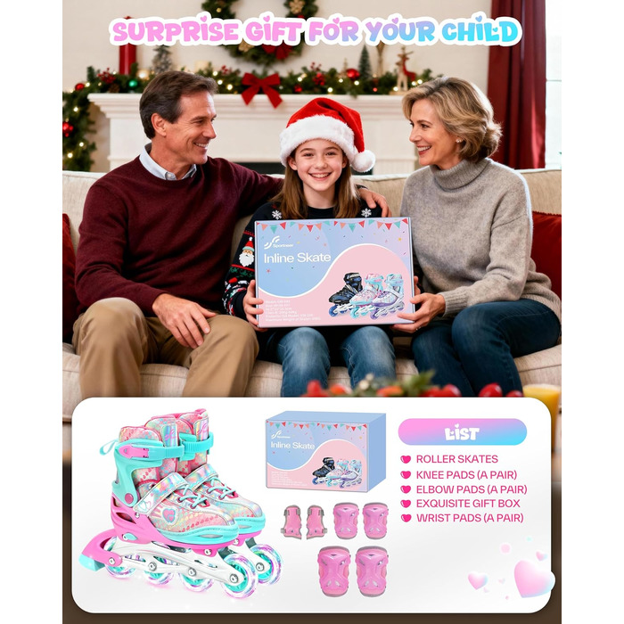 Дитячі ролики Sportneer з регульованим розміром 30-41, комплект з 6 захисними елементами, LED ролики для дівчаток та жінок, рожевий колір, розмір L (EU 38-41)