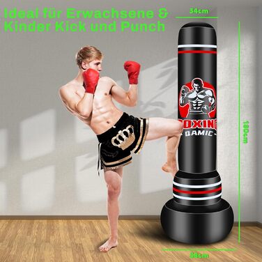 Важкий боксерський мішок QAMIC на підставці, 180 см, для дорослих, з боксерськими рукавичками та насосом, PVC 0,5 мм, для MMA, Муай Тай, фітнесу та тренувань