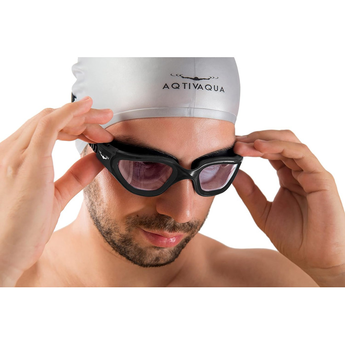 Окуляри плавальні AqtivAqua DX фотохромні: широкий огляд, UV-захист, антифог, герметичні, для басейну та відкритої води, силіконовий ремінець (чорні)