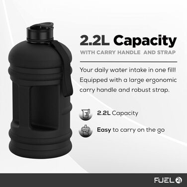 Спортивна пляшка для води Fuel24 на 2,2 л з кришкою Pop-up або трубочкою, велика ємність, без BPA, чорна