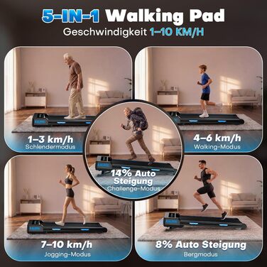 Бігова доріжка Walking Pad з автоматичним нахилом 14%, потужний безщітковий двигун 3.5 HP, швидкість до 10 км/год, LED-дисплей, 12 HIIT-програм, до 180 кг, чорно-блакитна