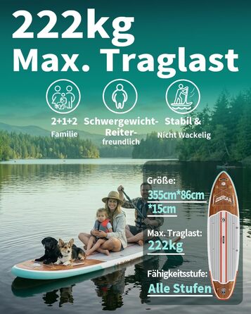 SUP дошка COOLCAA 355 см Timber Skiff надувна з аксесуарами та сумкою для дорослих, вантажопідйомність 222 кг, ширина 86 см