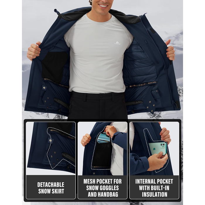 Чоловіча лижна куртка водонепроникна, тепла, дихаюча, для сноуборду та гірськолижного спорту, з капюшоном, Outdoor, темно-синій, розмір S