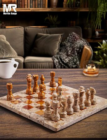 Шаховий набір з мармуру для дорослих, ручної роботи, 32 фігури, 2 додаткові королеви, коробка для зберігання, розкішна подорожна гра, елегантний подарунок для дому (кораловий & темно-коричневий)