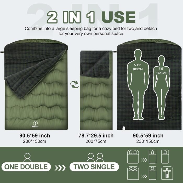 Спальний мішок Baumwolle для 2 осіб, зимовий, водонепроникний, теплий, розмір Queen, для кемпінгу та подорожей на автодомі (армійний зелений)