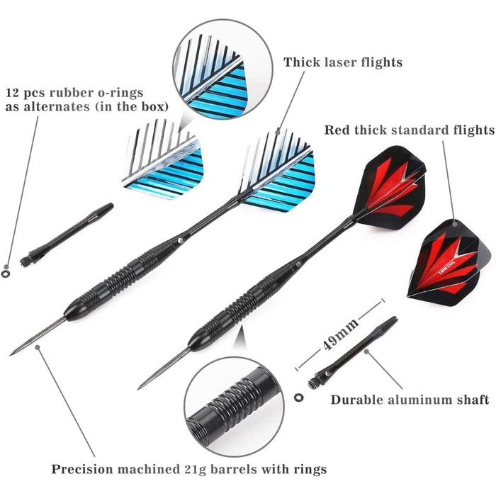 Дарти сталеві Steel Dartpfeile набір 6/12 шт. з металевими наконечниками, алюмінієвими стержнями, 18 пір'ями та гумовими кільцями, 22/23 г