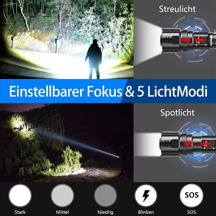 Тактичний ліхтарик DapoHomeu LED, 500000 люмен, перезаряджається, тактичний, з функцією зуму, водонепроникний, 5 режимів освітлення для кемпінгу, туризму та надзвичайних ситуацій