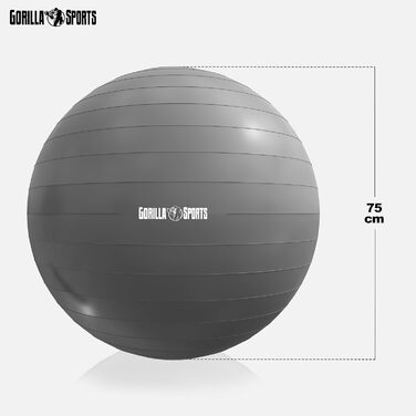 Фітнес м'яч GORILLA SPORTS 75 см, анти-вибуховий, до 500 кг, з насосом, для йоги, офісу, тренувань, сірий