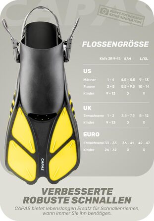 CAPAS Ласти для снорклінгу та дайвінгу, дорослі та дитячі (26-35 розмір), відкрита п'ятка, регульовані, жовті