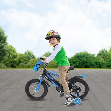 Дитяче велосипед 14 дюймів для хлопчиків та дівчаток з додатковими колесами та пляшкою для води, від 3 років, з двома гальмами, регульоване по висоті, міцний та стабільний
