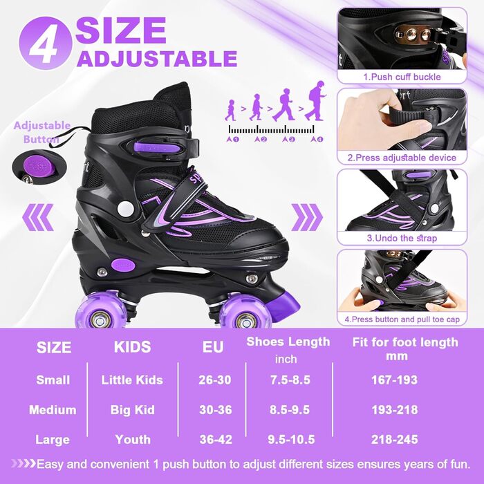 Дитячі ролики DUZSKJ регульовані, з підсвічуванням, для хлопчиків та дівчаток, чорно-фіолетові