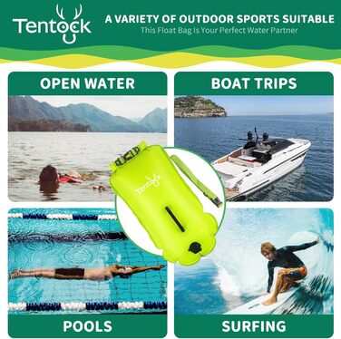 Tentock Плавуча сумка 28L, водонепроникна, надувна, для плавання та водного спорту. Безпечний плавучий засіб для триатлонів, каякінгу та снорклінгу. Колір: яскраво-зелений.