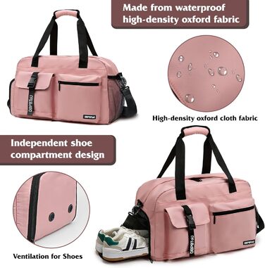 Спортивна сумка для жінок та чоловіків з відділенням для взуття та вологих речей, водонепроникна сумка-вікенд для тренувань, залу, плавання та сауни (рожева)