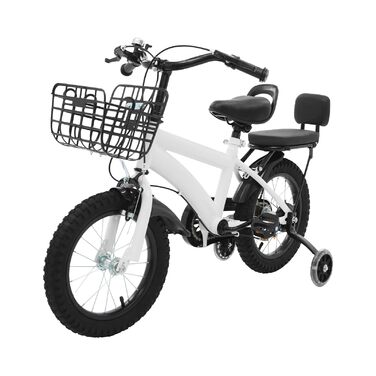 Дитяче велосипед 14 дюймів з додатковими колесами та кошиком, для дітей 3-7 років, регульоване по висоті, з подвійним гальмом, для дівчаток та хлопчиків (білий)