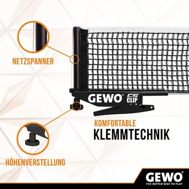 GEWO CS Clip тенісна сітка для настільного тенісу, металева конструкція з кліпсою, регулювання висоти, міцна чорна сітка 152,5 см