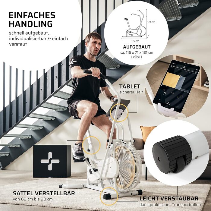 Фітнес-велотренажер SportPlus Air Bike з повітряним опором, сумісний з додатком, для HIIT, домашній кардіотренажер, LED-дисплей, до 100 кг, Snow/Sun (нова модель)