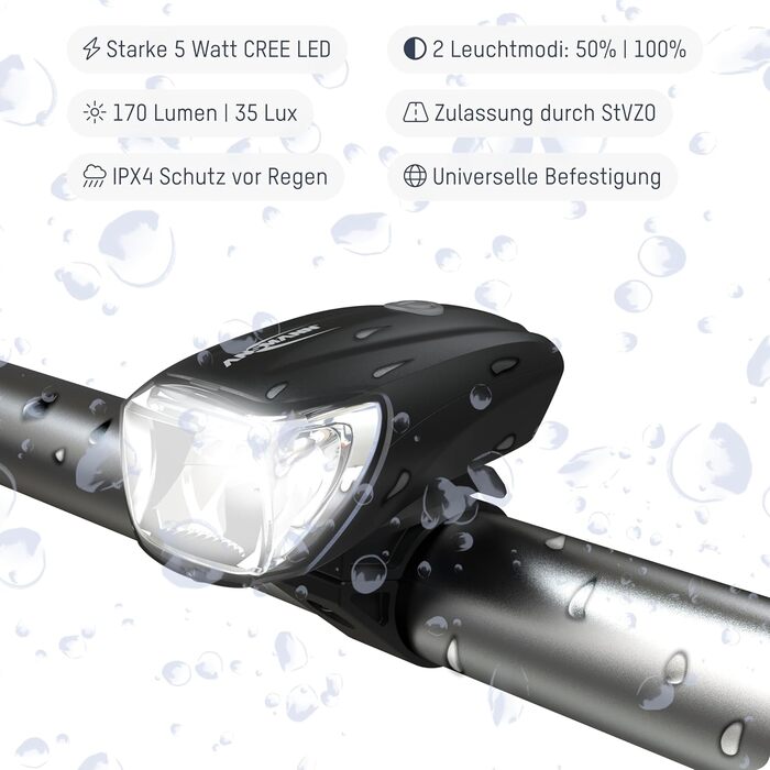 ANSMANN Набір велосипедних фар StVZO, CREE LED, 140 м, 35 Люкс, 170 Лм, IPX4, акумуляторні, USB, передня та задня фара