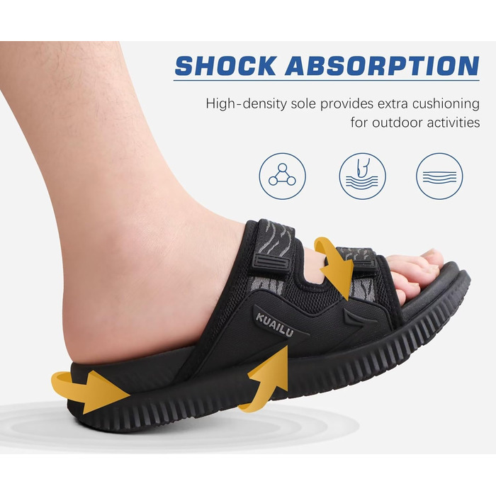 Чоловічі спортивні сандалі KuaiLu з м'якою устілкою, ортопедичні для фасціїту, для активного відпочинку та походів, легкі, відкриті, з регульованою застібкою-липучкою, чорні, 45 EU