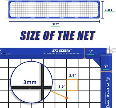 Професійний волейбольний комплект Weiss: сітка 32x3.3FT з двома сталевими тросами та бічними стійками для двору, школи, майданчика